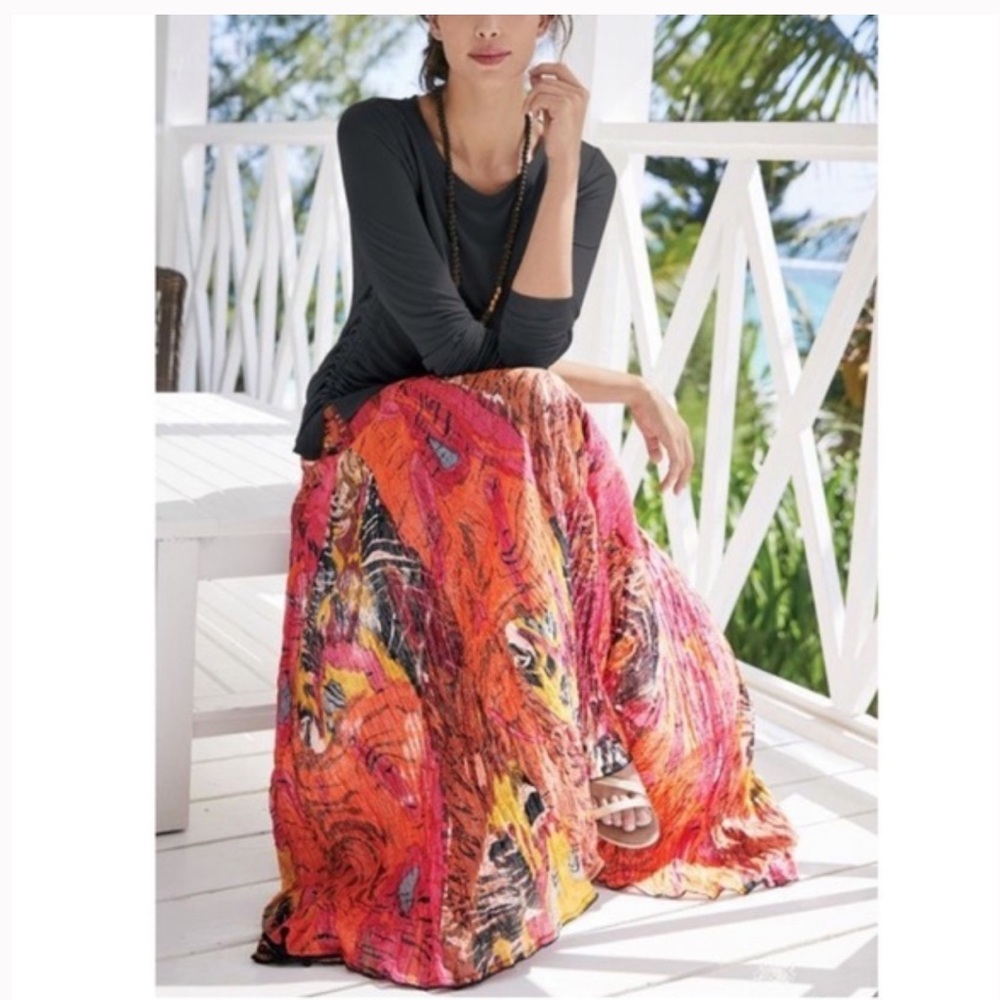 Soft Surroundings Kamala Boho Maxi Skirt Colorful Abstract Print Metallic  PXS